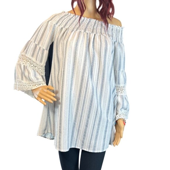 Kiwi + Punch Striped Off-Shoulder Smocked Tunic Blouse With Lace Bell‎ Sleeves - Picture 1 of 6